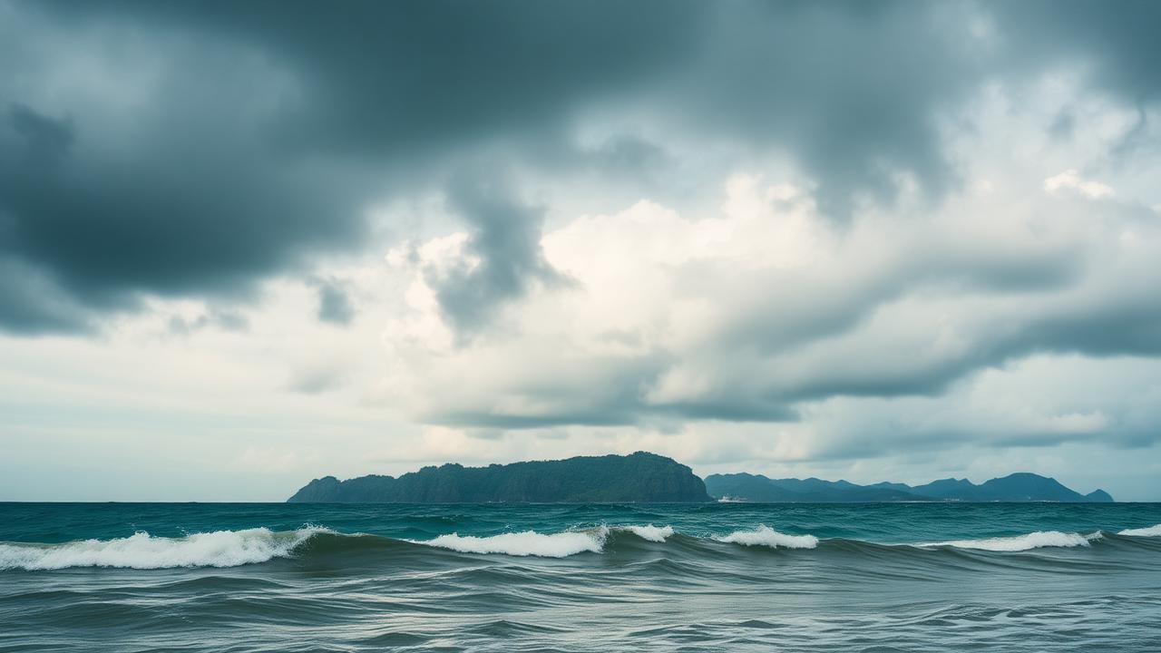 Pacific island shoreline under a dramatic stormy sky