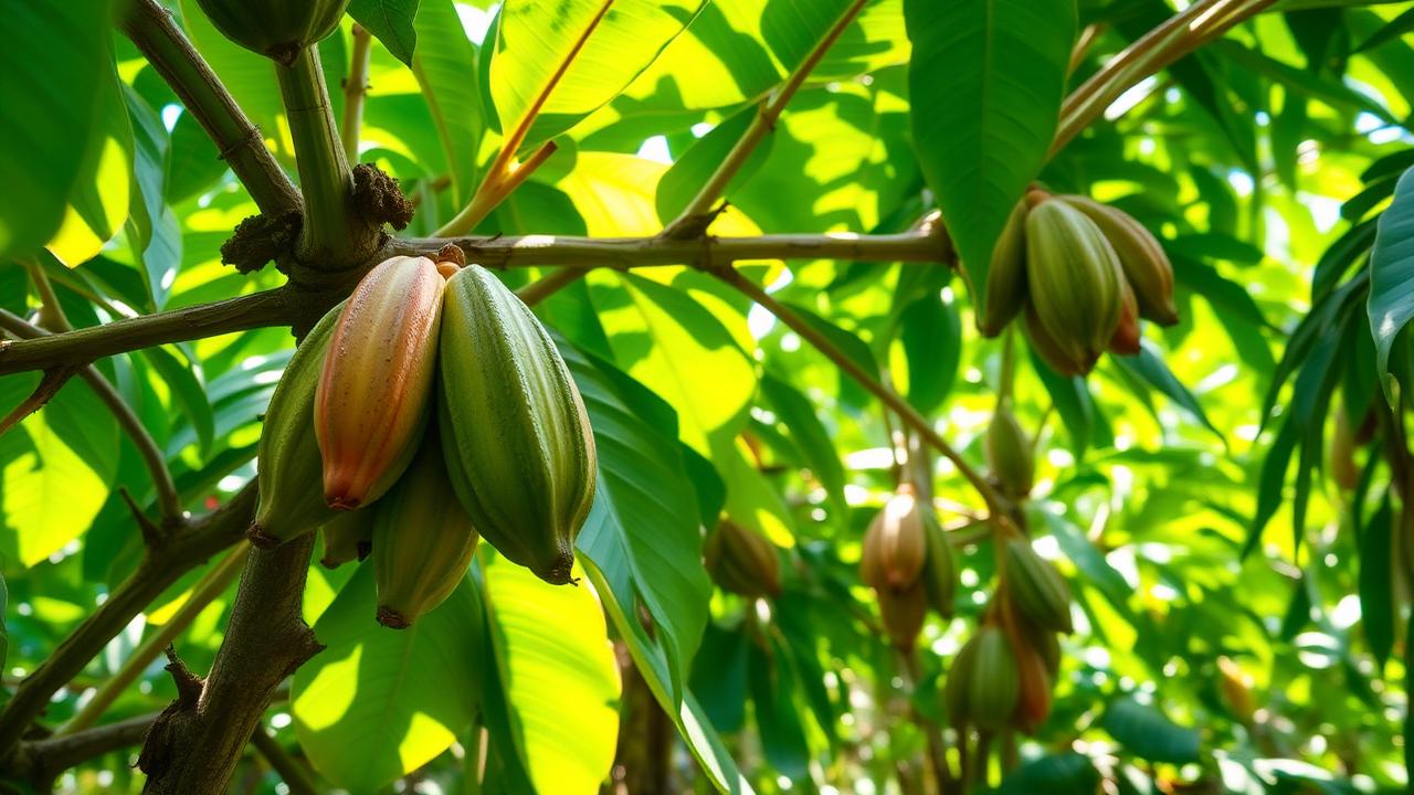 Ripe cocoa pods growing on a tree in a lush Vanuatu plantation