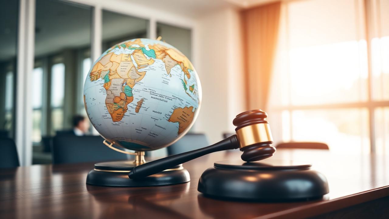 A globe and gavel on a polished wooden desk symbolising international compliance