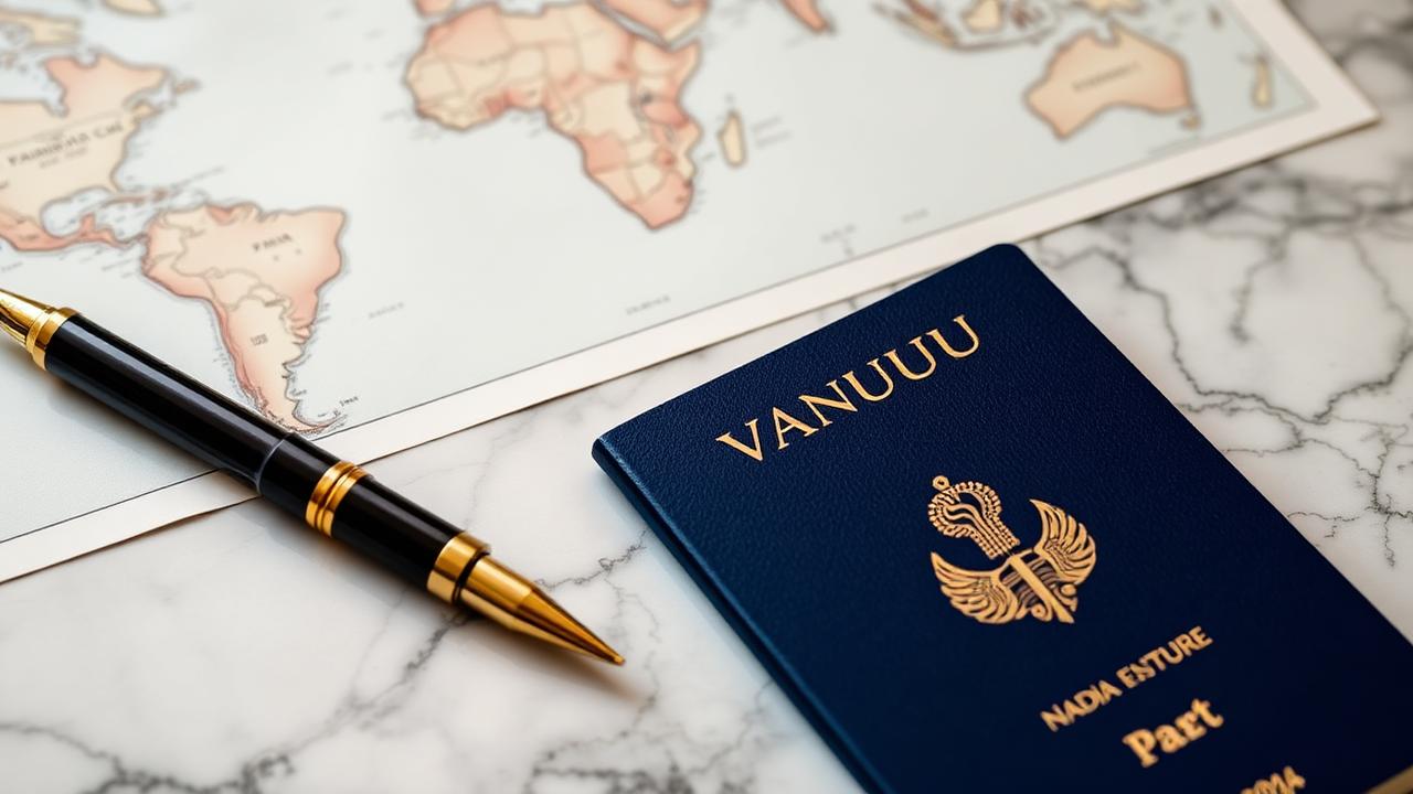 A Vanuatu passport on a marble desk beside a fountain pen and world map