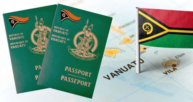 Vanuatu passports and national flag on a map of the Pacific